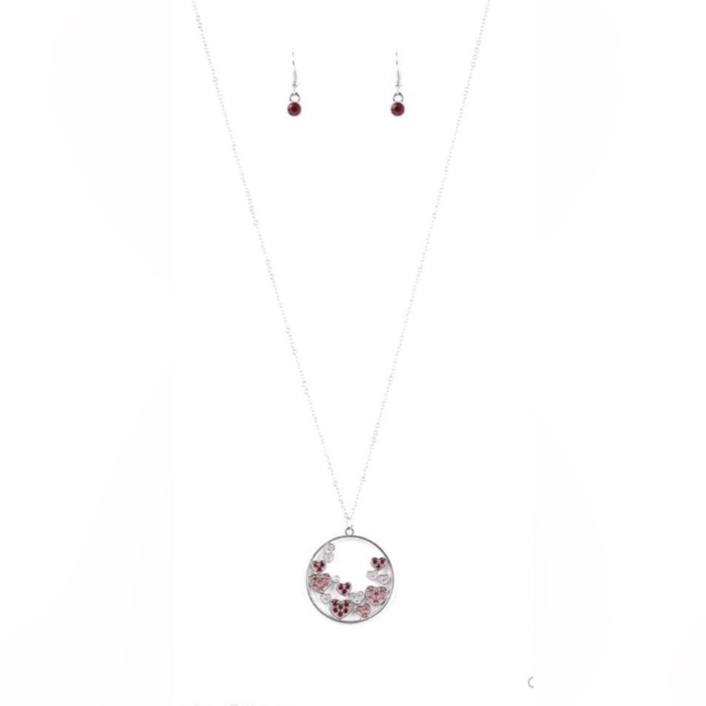 ❣️Pink, red, and white rhinestones long heart necklace❣️*